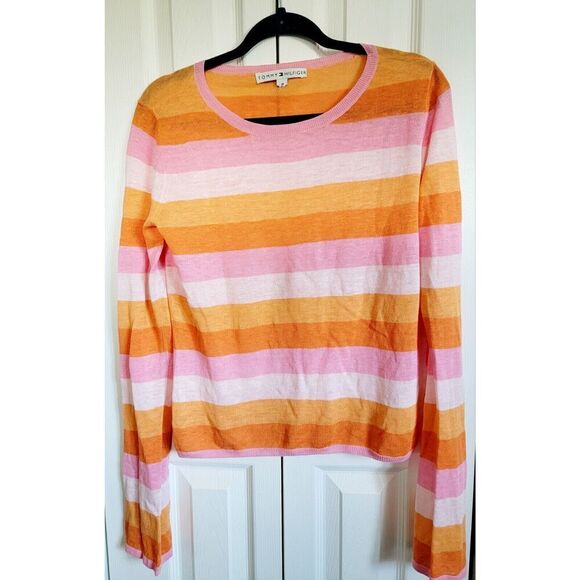 Tommy Hilfiger M Sweater‎ Women's  Striped Pink Orange 100% Linen Long Sleeve - Picture 1 of 7